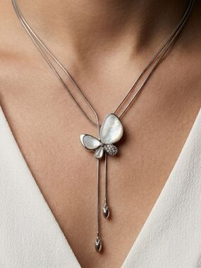 Vintage Silver Tone Butterfly Lariat Necklace MOP Rhinestone Adjustable 21"